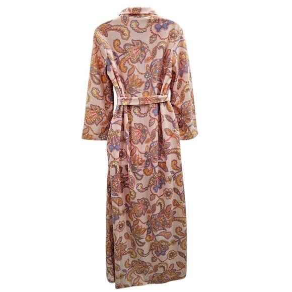 Vintage Sears At Home Wear Belted Robe M/L Paisley Print Fleece Pockets Pink 70s - Picture 2 of 7